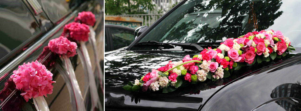 Свадебный кортеж, украшенный искусственными цветами