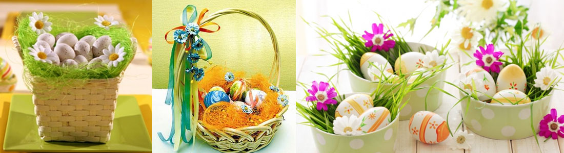 Пасхальные корзинки, украшенные искусственными цветами